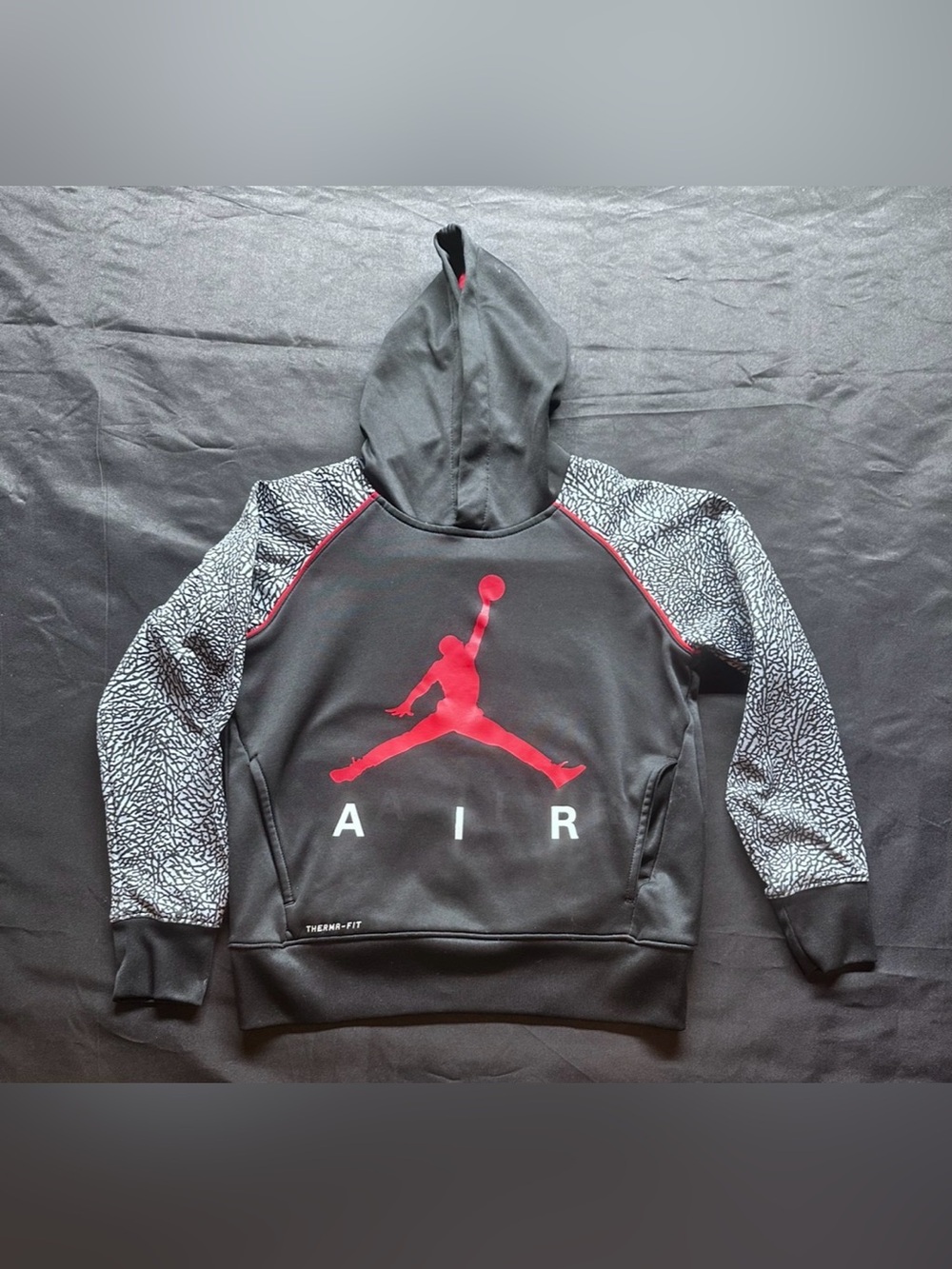 #D-6 Nike Black Hoodie with Red Jumpman and Grey Patterned Sleeves